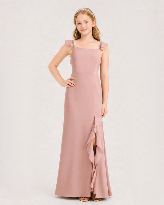 Dusty Rose Chiffon Ruffled Slit Junior Bridesmaid Dress Front View
