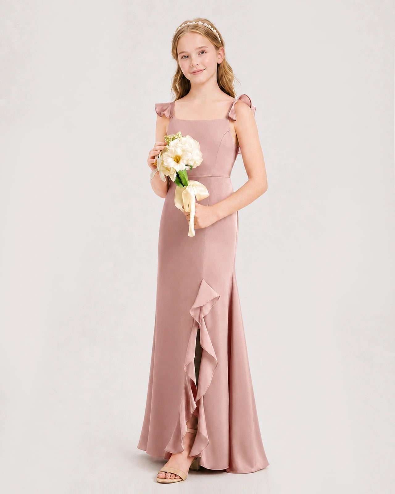 Dusty Rose Chiffon Ruffled A-Line Junior Bridesmaid Dresses Side View
