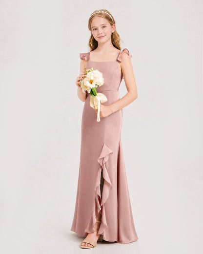 Dusty Rose Chiffon Ruffled A-Line Junior Bridesmaid Dresses Side View