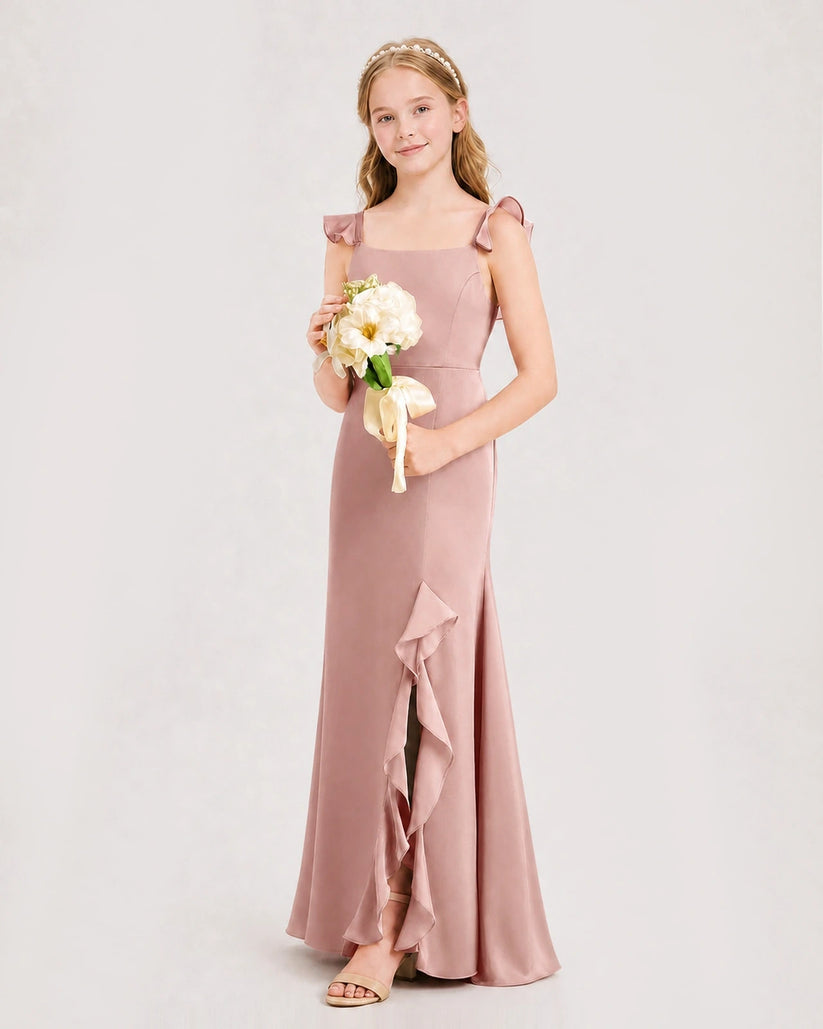Dusty Rose Chiffon Ruffled A-Line Junior Bridesmaid Dresses Side View