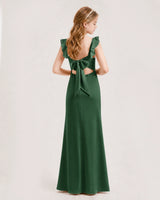 Emerald Green Chiffon Ruffled Open-Back Junior Bridesmaid Dresses Back View