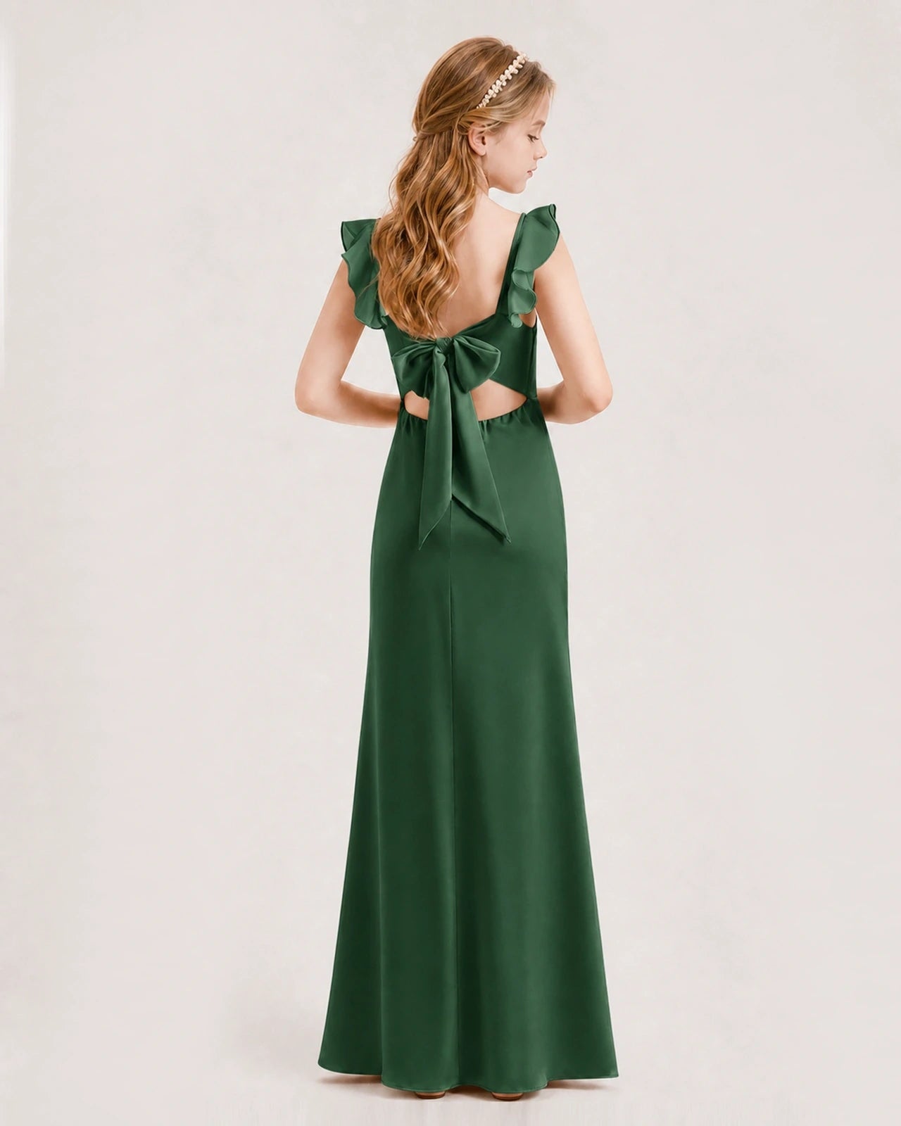 Emerald Green Chiffon Ruffled Open-Back Junior Bridesmaid Dresses Back View