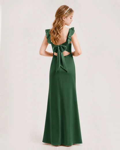 Emerald Green Chiffon Ruffled Open-Back Junior Bridesmaid Dresses Back View