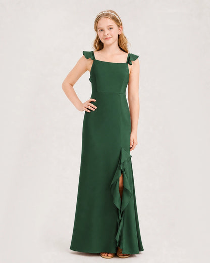 Emerald Green Chiffon Ruffled Split Junior Bridesmaid Dresses Front View