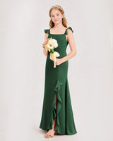 Emerald Green Chiffon Ruffle-Trim Junior Bridesmaid Dresses Side View