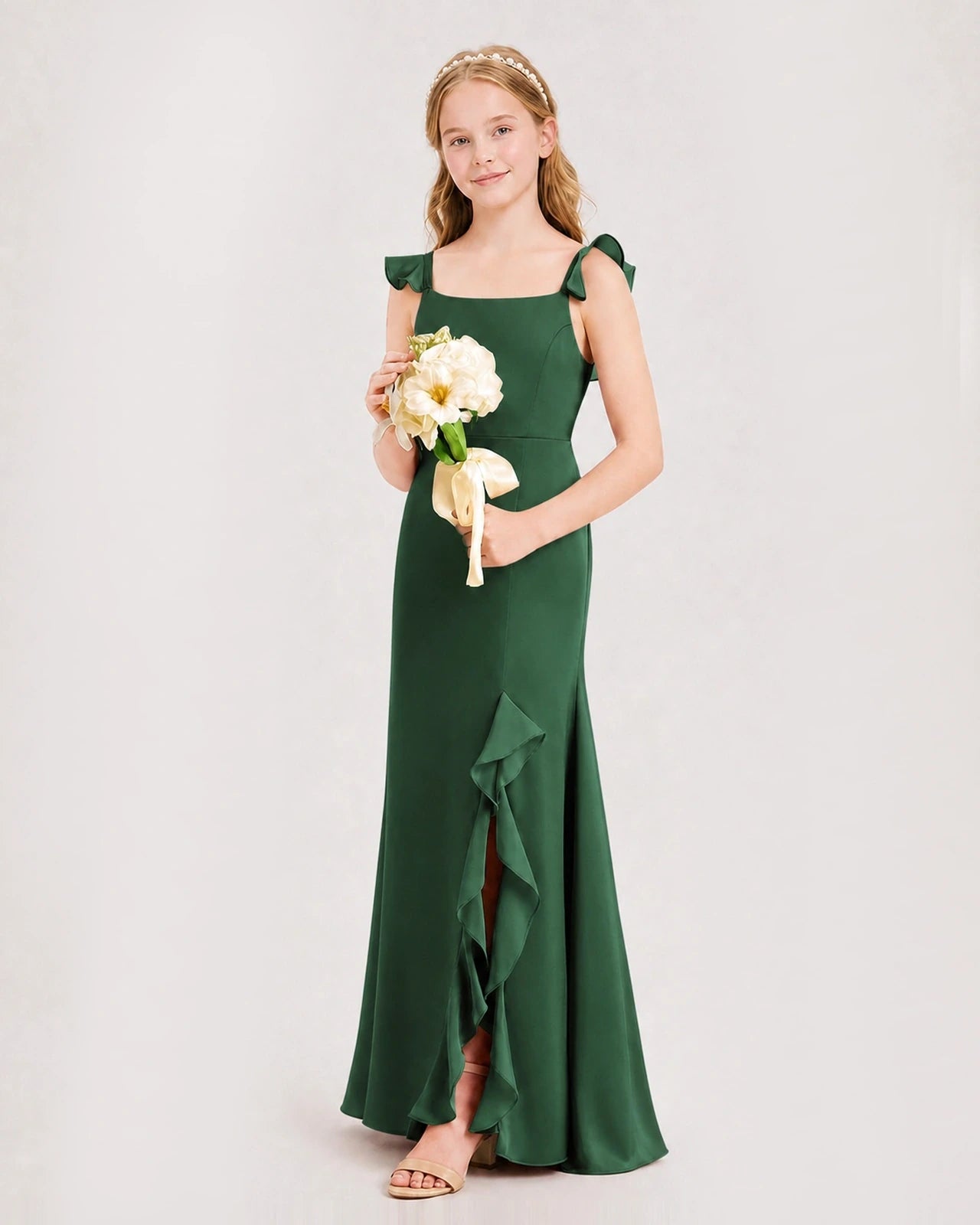 Emerald Green Chiffon Ruffle-Trim Junior Bridesmaid Dresses Side View