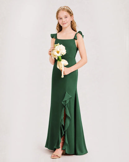 Emerald Green Chiffon Ruffle-Trim Junior Bridesmaid Dresses Side View