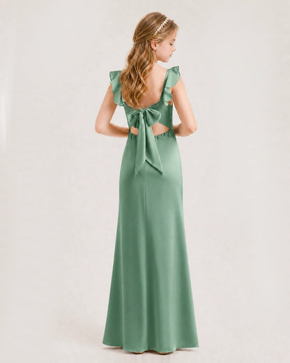 Eucalyptus Chiffon Ruffle-Sleeve Junior Bridesmaid Dresses Back View