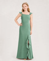 Eucalyptus Chiffon Ruffled Split Junior Bridesmaid Dresses Front View