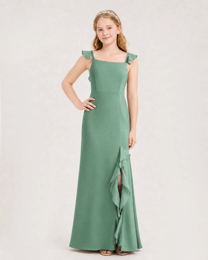 Eucalyptus Chiffon Ruffled Split Junior Bridesmaid Dresses Front View