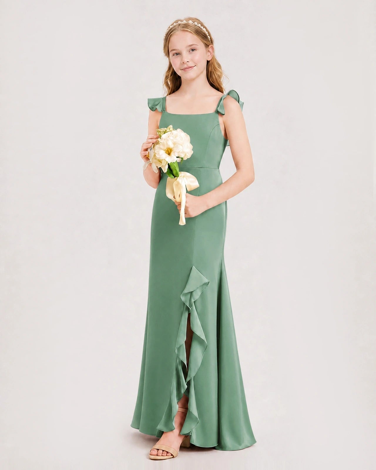 Eucalyptus Chiffon Ruffle Mermaid Junior Bridesmaid Dresses Side View