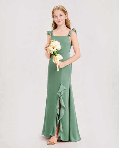Eucalyptus Chiffon Ruffle Mermaid Junior Bridesmaid Dresses Side View