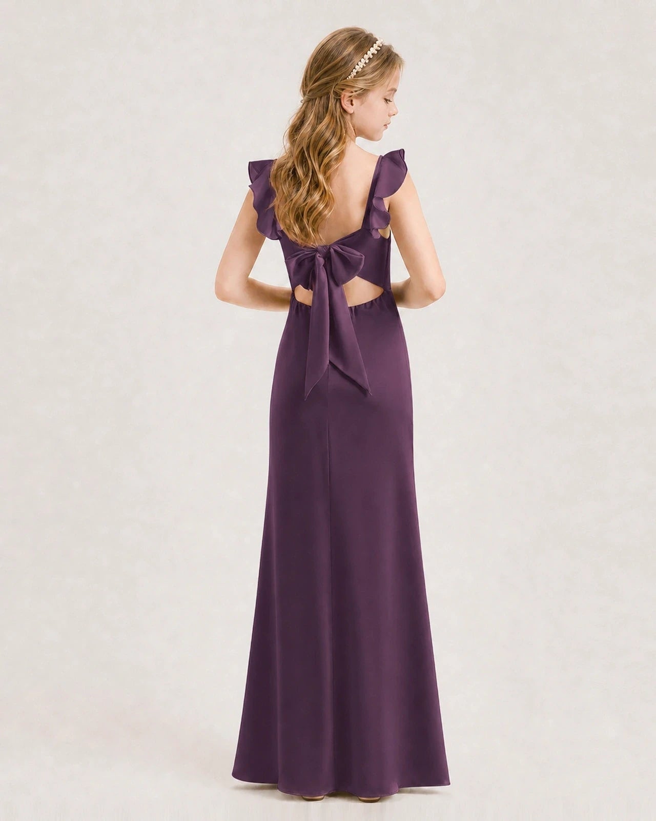 Grape Chiffon Ruffle-Strap Junior Bridesmaid Dress Back View