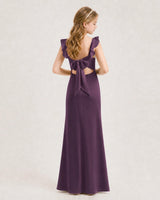 Grape Chiffon Ruffle-Strap Junior Bridesmaid Dress Back View