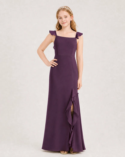 Grape Chiffon Square Neck Ruffle Slit Junior Bridesmaid Dresses Front View