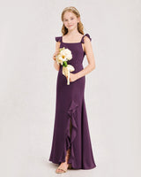 Grape Chiffon Ruffled Slip Junior Bridesmaid Dresses Side View
