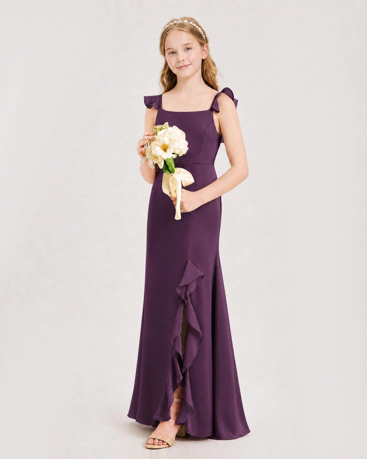 Grape Chiffon Ruffled Slip Junior Bridesmaid Dresses Side View