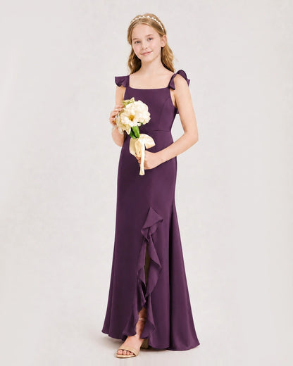 Grape Chiffon Ruffled Slip Junior Bridesmaid Dresses Side View
