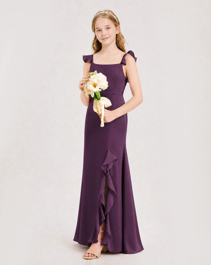 Grape Chiffon Ruffled Slip Junior Bridesmaid Dresses Side View