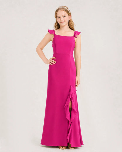 Hot Pink Chiffon Ruffled Split Junior Bridesmaid Dresses Front View