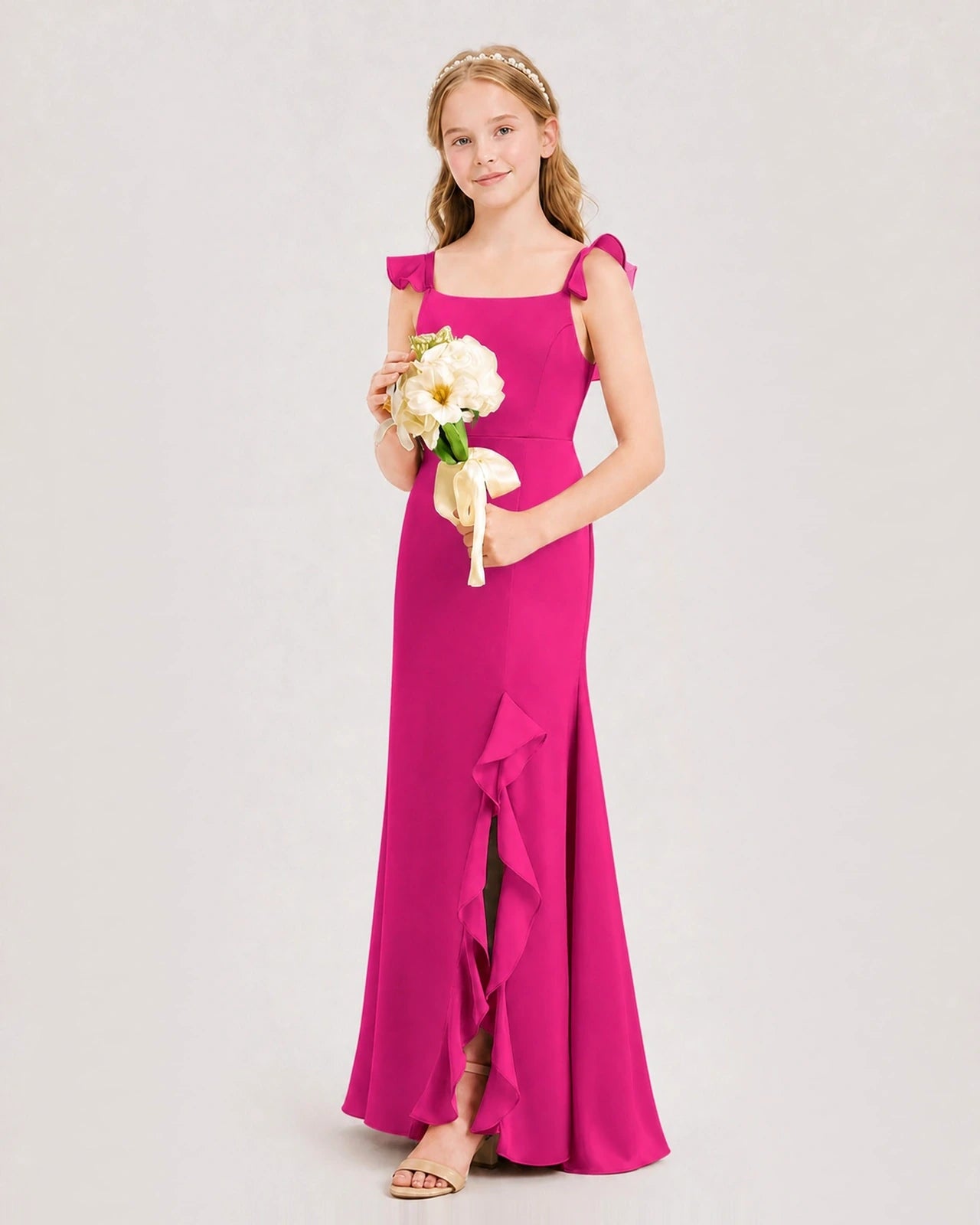 Hot Pink Chiffon Ruffled Split Junior Bridesmaid Dresses Side View