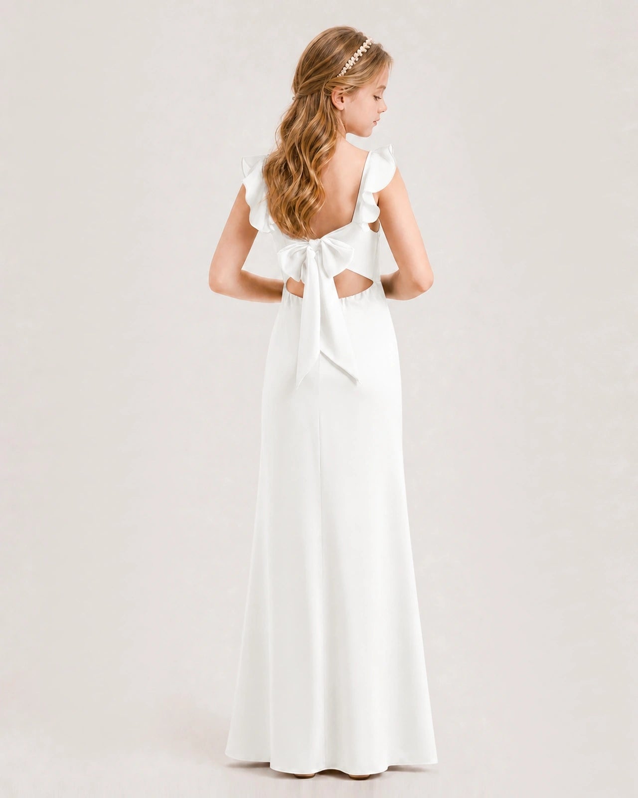 Ivory Chiffon Ruffle-Sleeve Bow-Back Junior Bridesmaid Dresses Back View