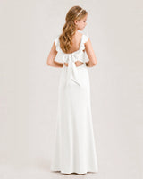 Ivory Chiffon Ruffle-Sleeve Bow-Back Junior Bridesmaid Dresses Back View
