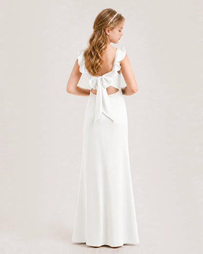 Ivory Chiffon Ruffle-Sleeve Bow-Back Junior Bridesmaid Dresses Back View