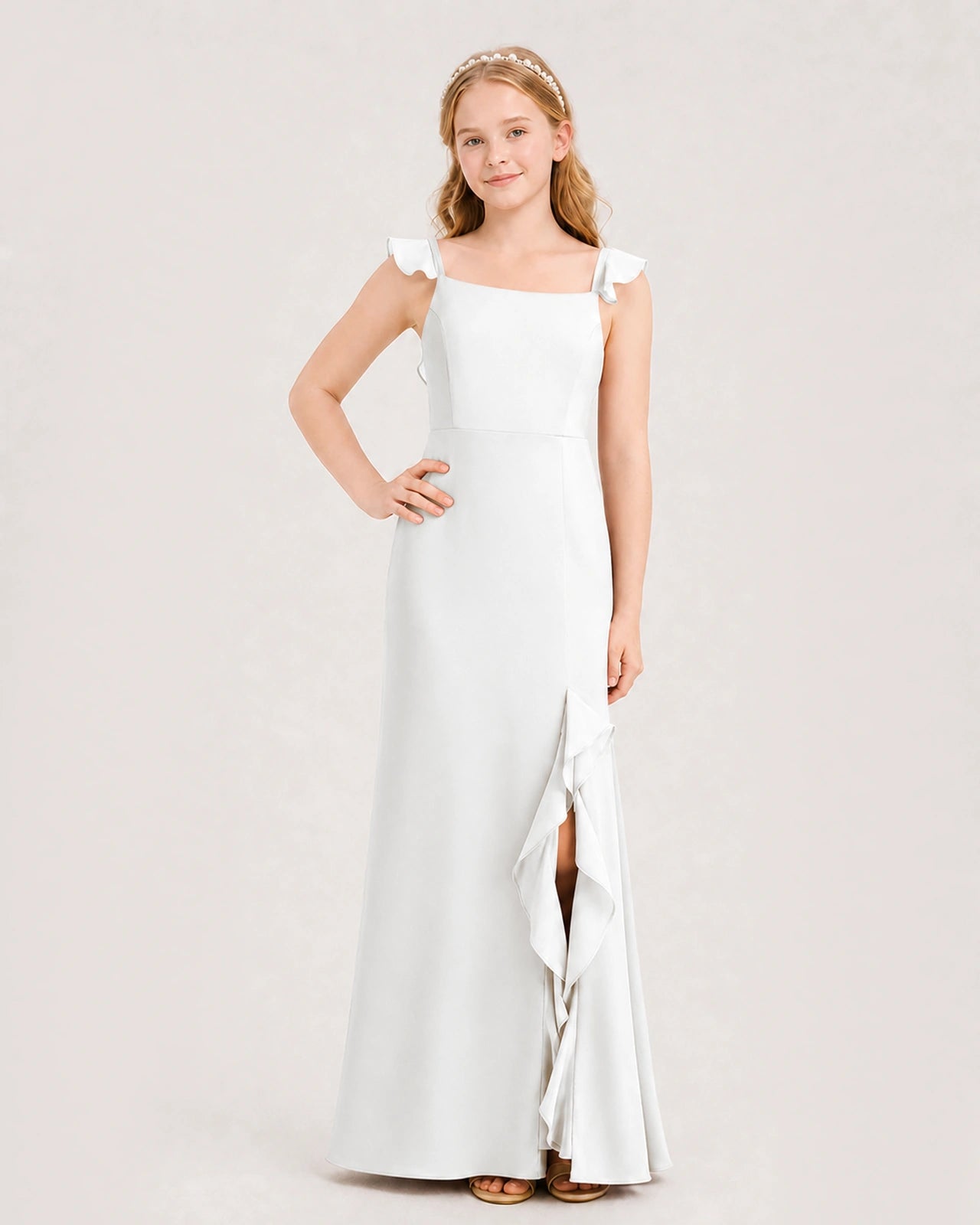 Ivory chiffon square neck slit junior bridesmaid dresses Front View