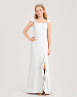 Ivory chiffon square neck slit junior bridesmaid dresses Front View
