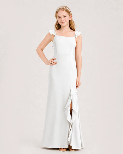 Ivory chiffon square neck slit junior bridesmaid dresses Front View