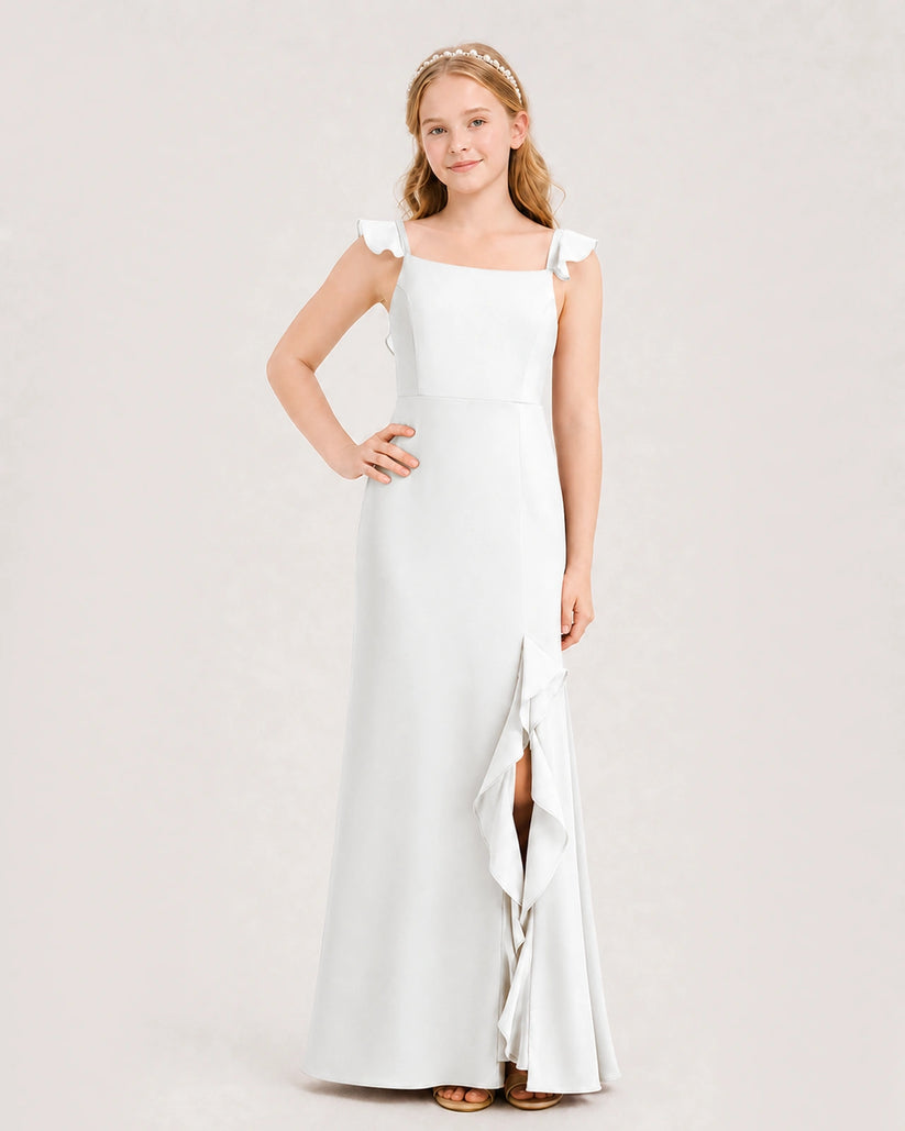 Ivory chiffon square neck slit junior bridesmaid dresses Front View