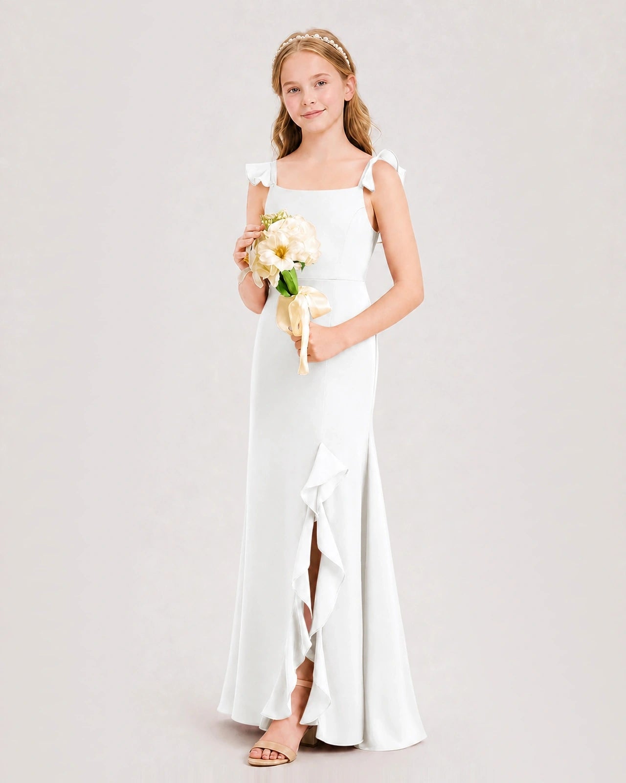 Ivory Chiffon Ruffle Slit Junior Bridesmaid Dresses Side View