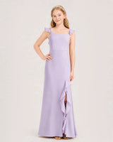 Lavender chiffon square neck ruffle slit junior bridesmaid dress Front View