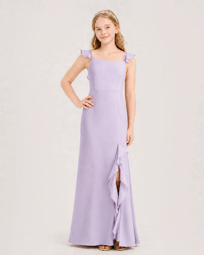 Lavender chiffon square neck ruffle slit junior bridesmaid dress Front View