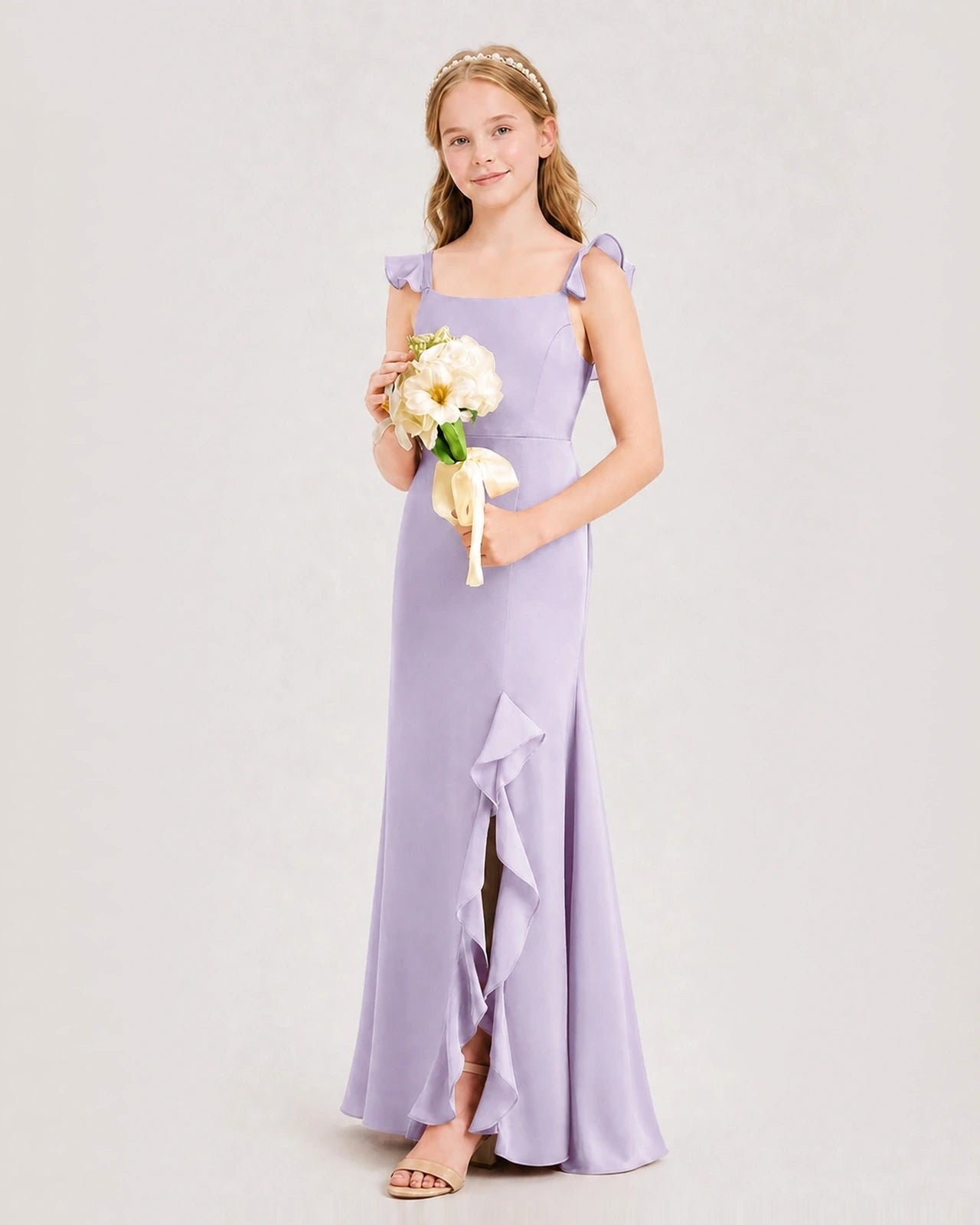Lavender Chiffon Ruffled Slit Junior Bridesmaid Dresses Side View