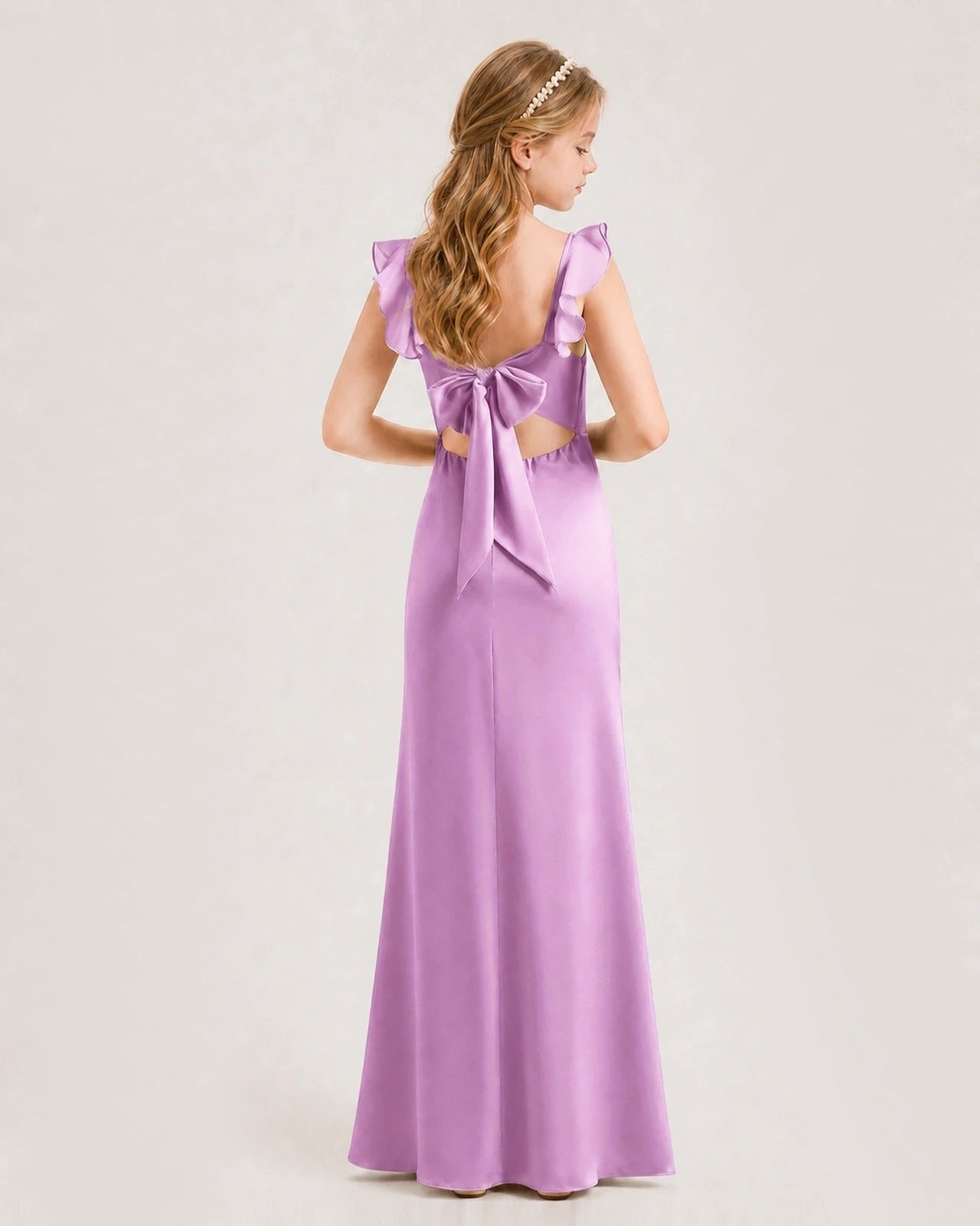 Lilac Satin Ruffle Strap Junior Bridesmaid Dresses Back View