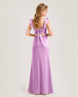 Lilac Satin Ruffle Strap Junior Bridesmaid Dresses Back View