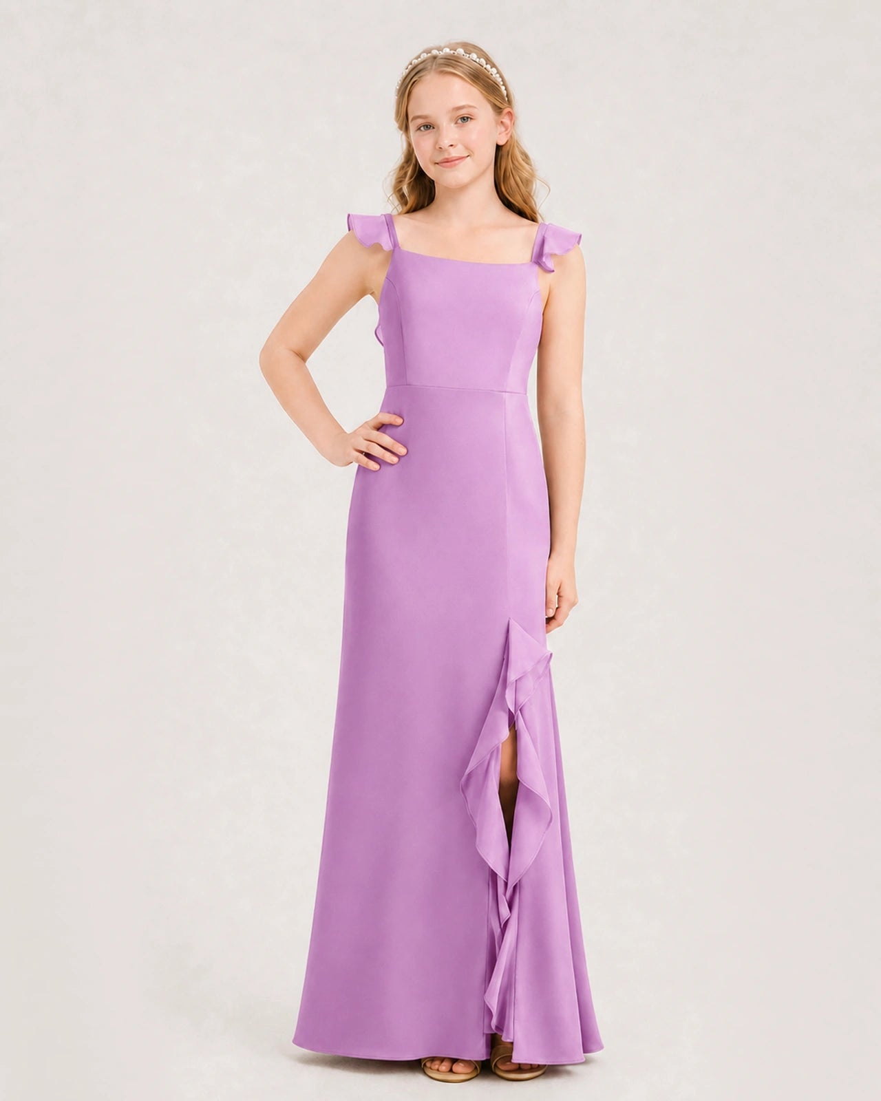Lilac Chiffon Ruffled Split Junior Bridesmaid Dresses Front View