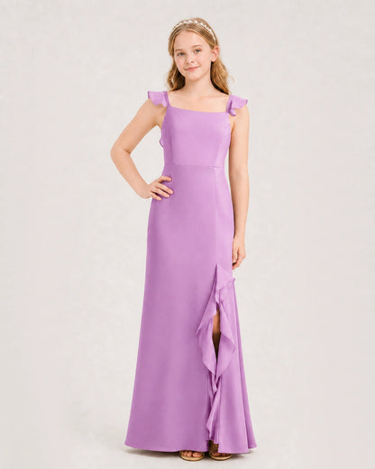 Lilac Chiffon Ruffled Split Junior Bridesmaid Dresses Front View