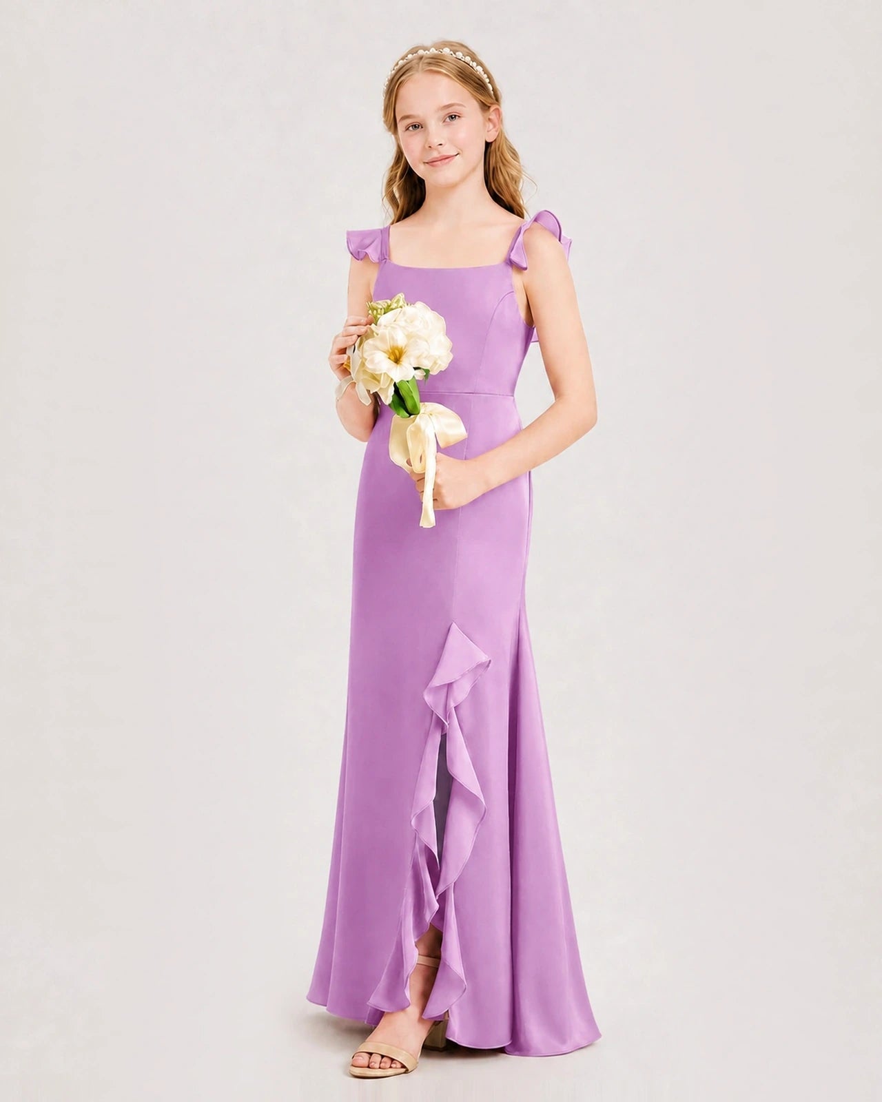 Lilac Chiffon Ruffled Slit Junior Bridesmaid Dress Side View