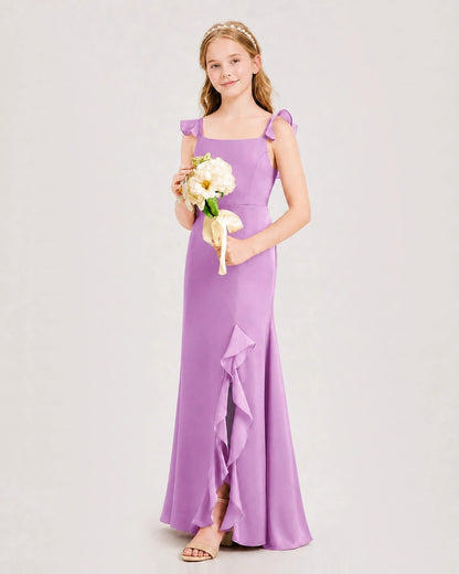 Lilac Chiffon Ruffled Slit Junior Bridesmaid Dress Side View