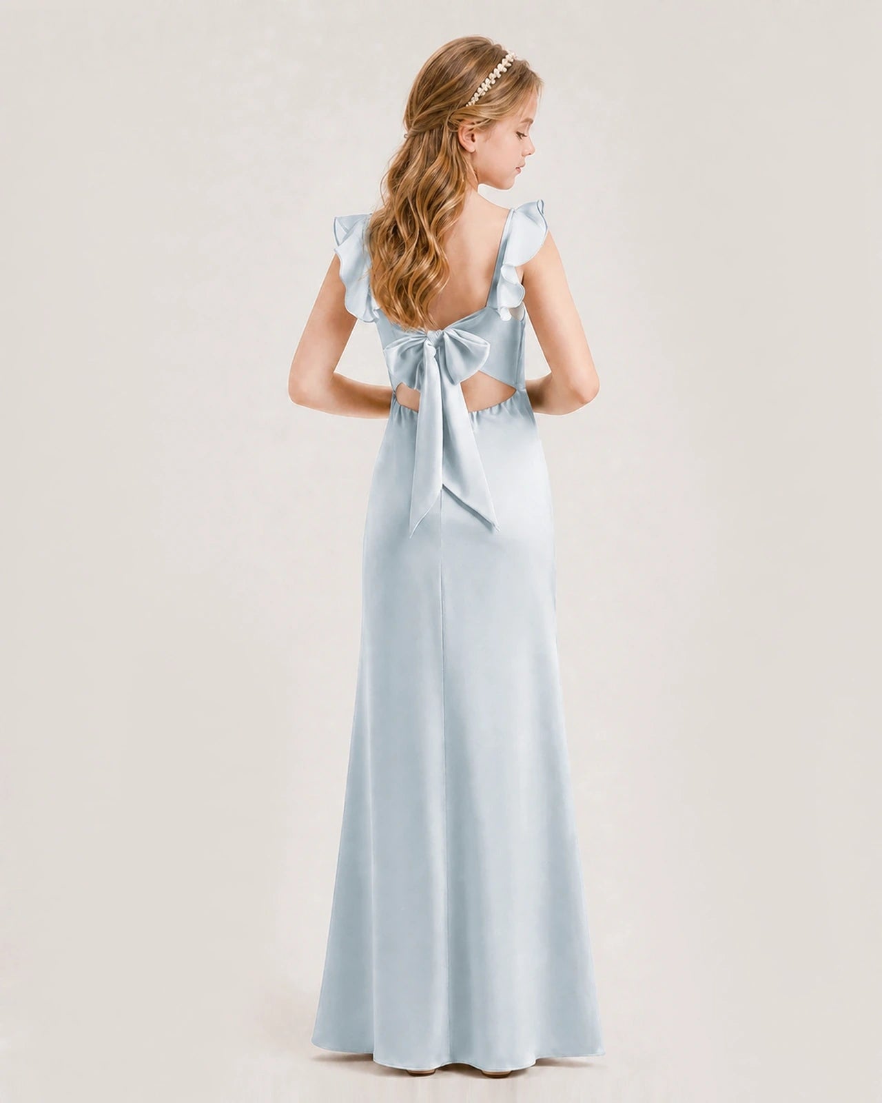 Mist Chiffon Ruffled Bow Open Back Junior Bridesmaid Dresses Back View