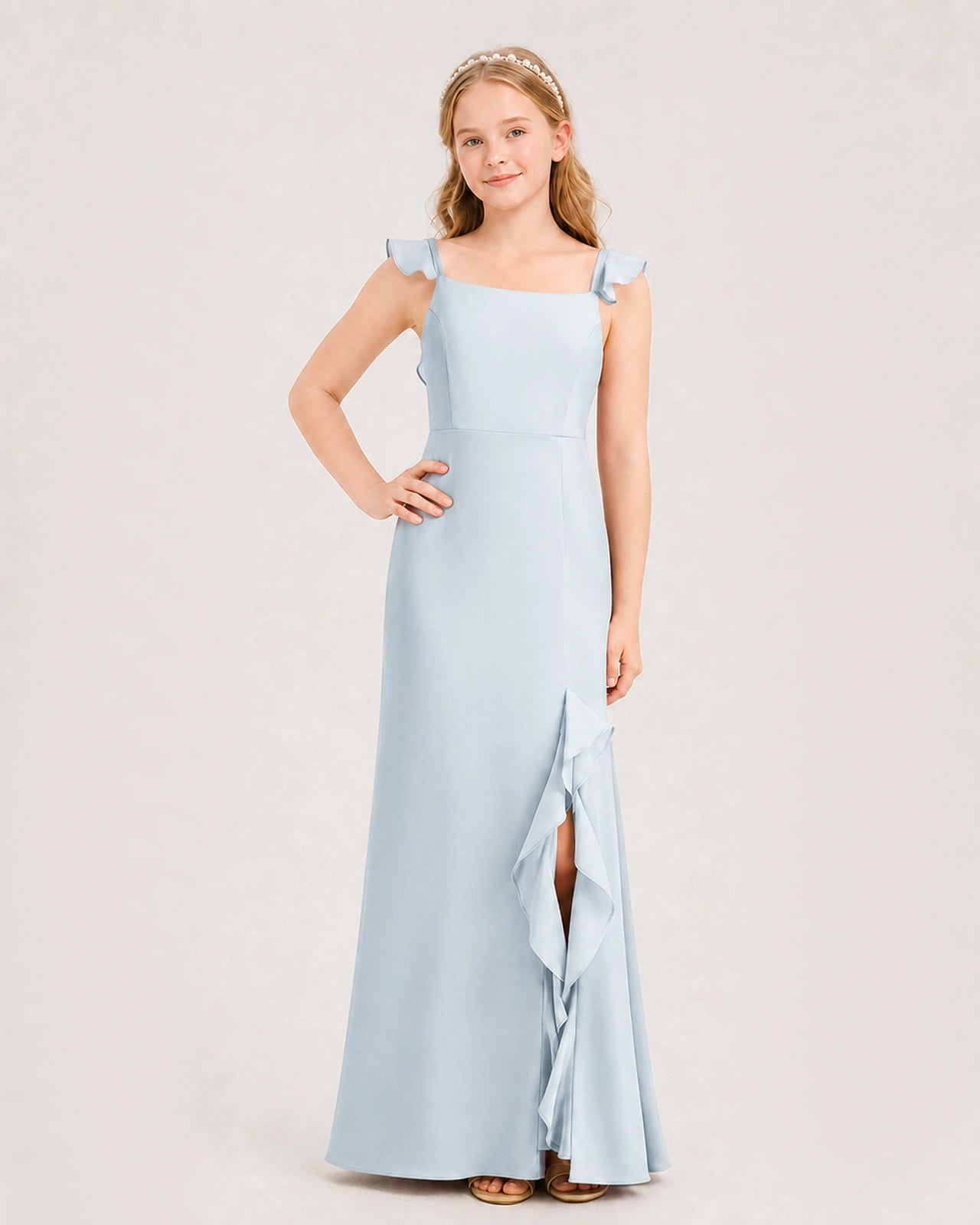 Mist Chiffon Ruffled Slit Junior Bridesmaid Dresses Front View