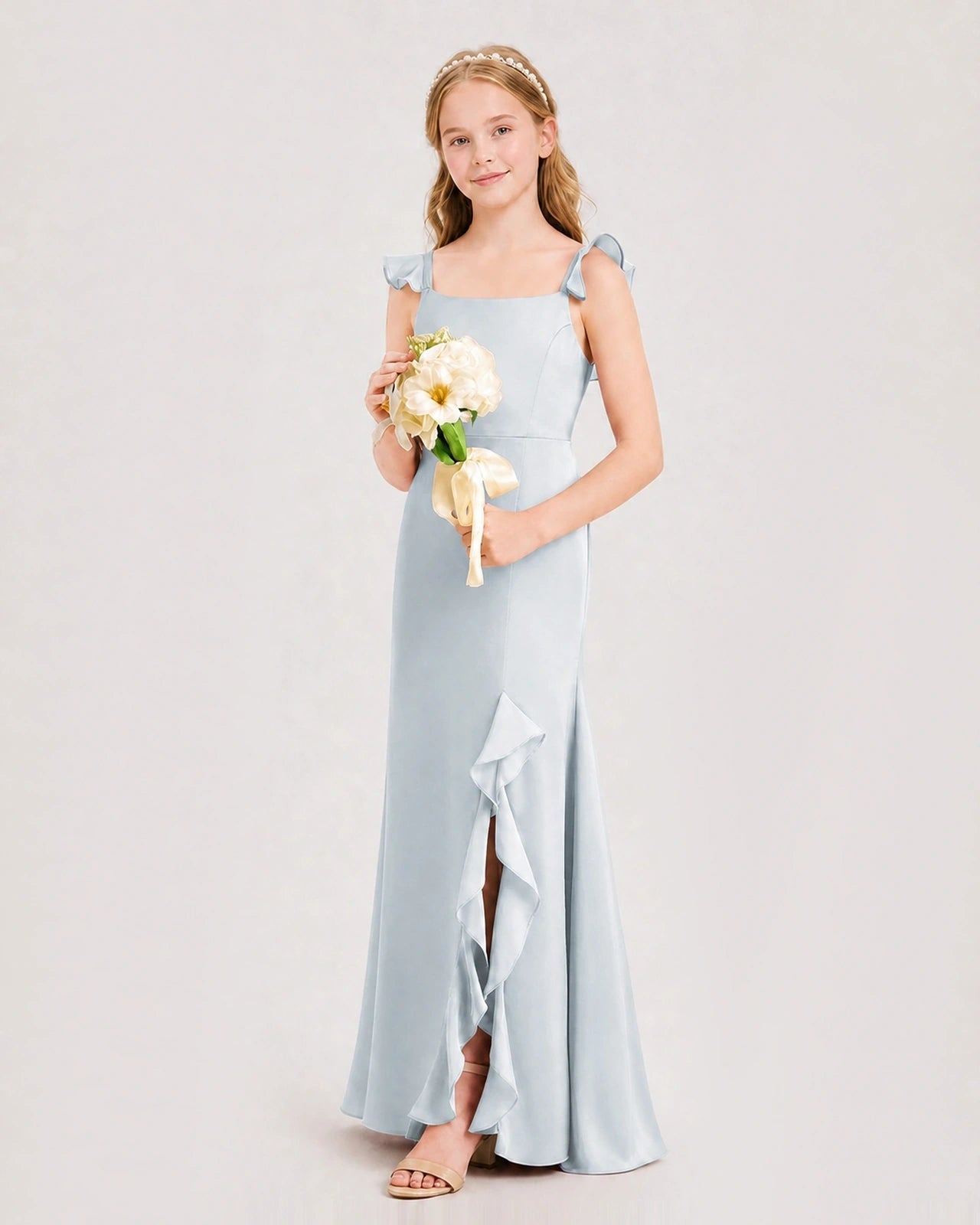 Mist satin ruffled split-leg junior bridesmaid dress Side View