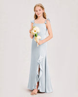 Mist satin ruffled split-leg junior bridesmaid dress Side View