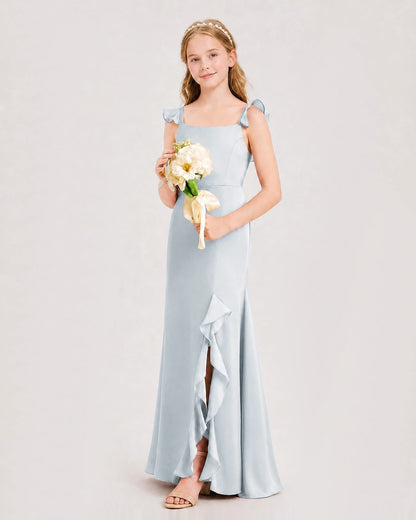 Mist satin ruffled split-leg junior bridesmaid dress Side View
