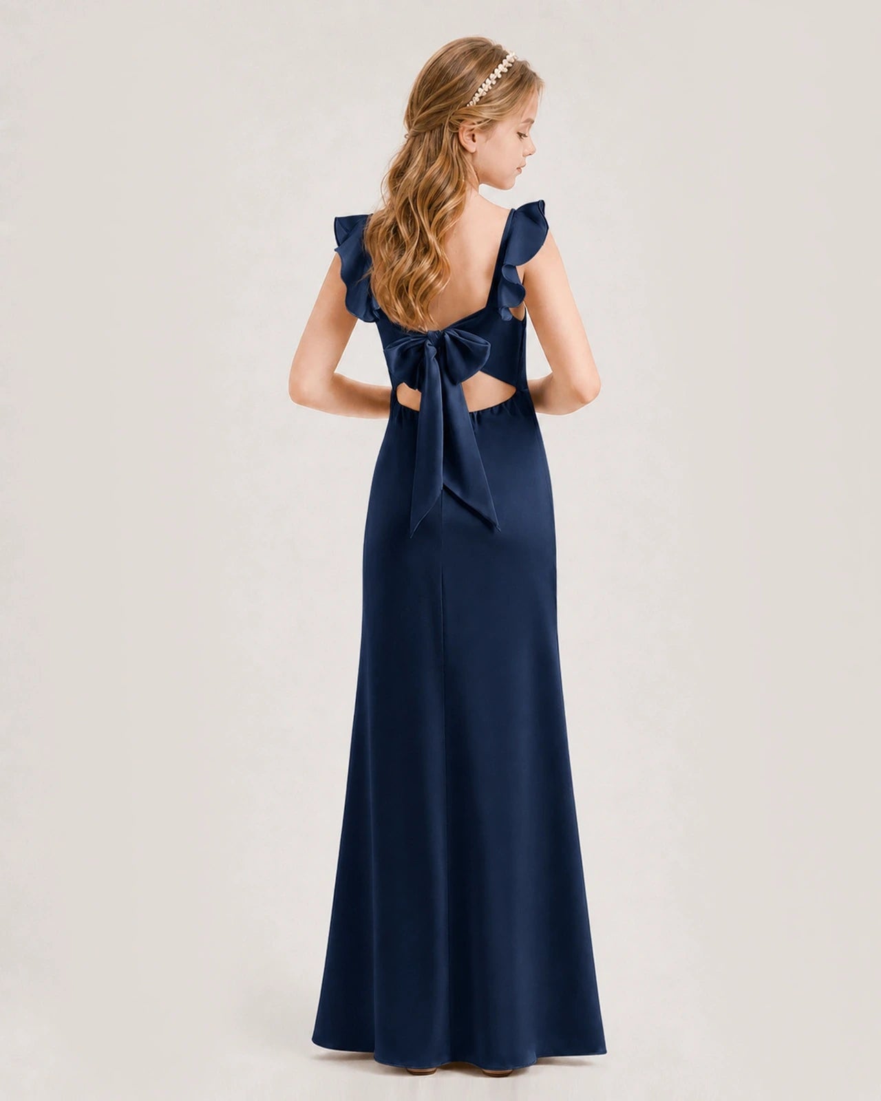 Navy Blue Chiffon Ruffle Sleeve Junior Bridesmaid Dresses Back View
