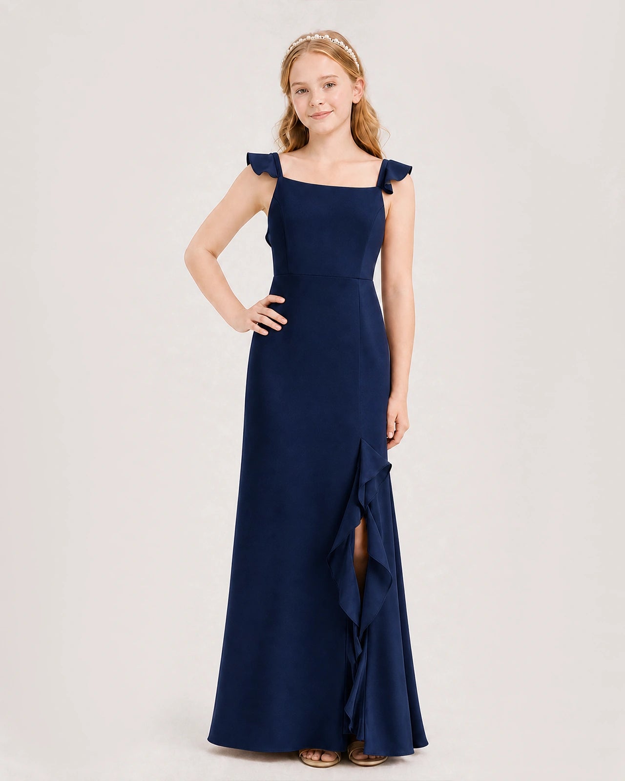 Navy Blue Chiffon Ruffle Strap Slit Junior Bridesmaid Dress Front View