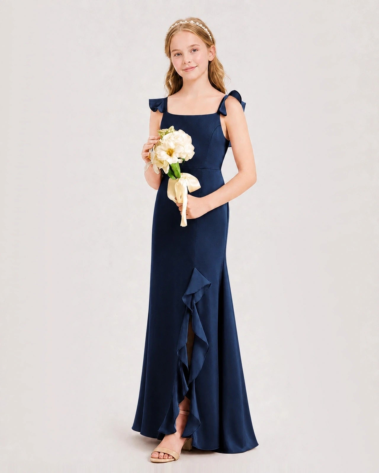 Navy blue satin mermaid junior bridesmaid dress Side View